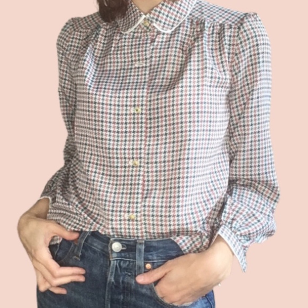 Vintage 60s Houndtooth blouse collar Japan Made button up plaid shirt